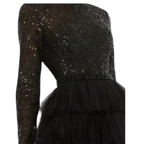 Mac Duggal Size 16 NEWBlack Long Sleeve Ruffle Tiered Midi Dress Style 26299